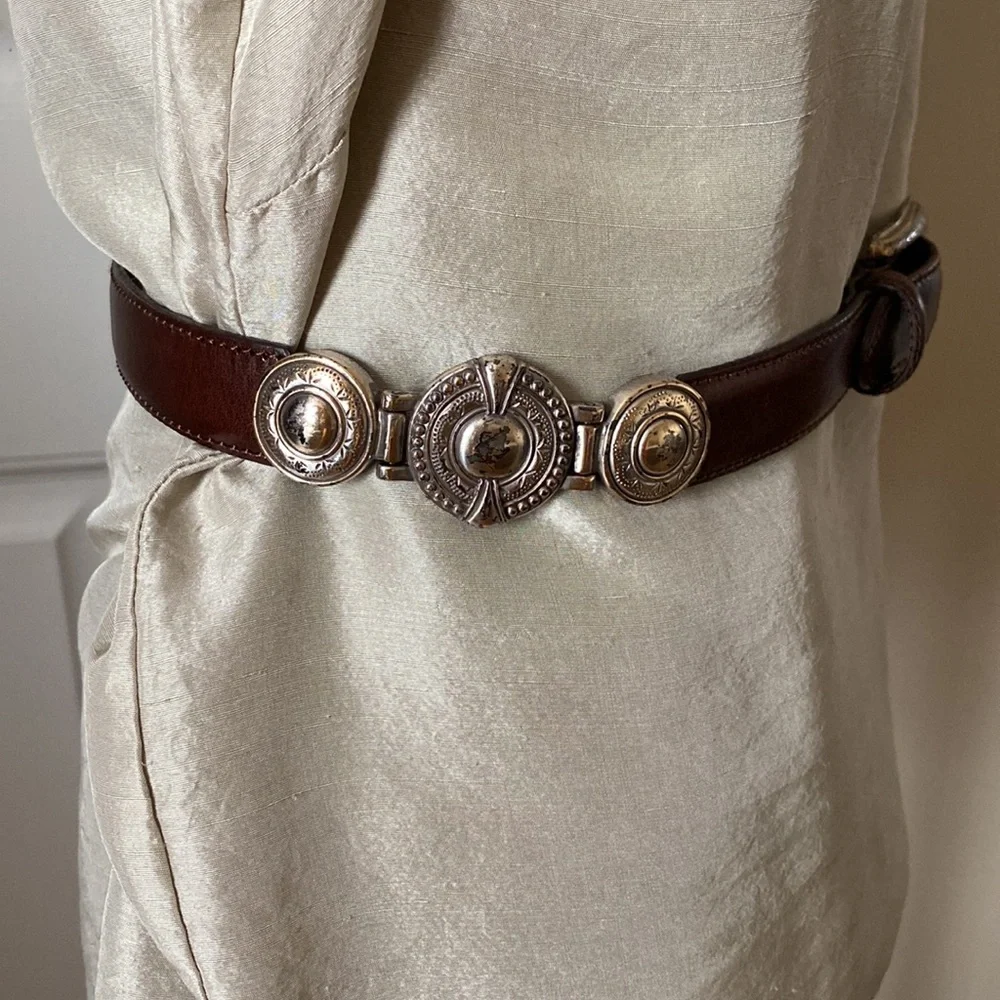 Fossil Brown Leather Belt with Silver buckle and medallions Size - Small